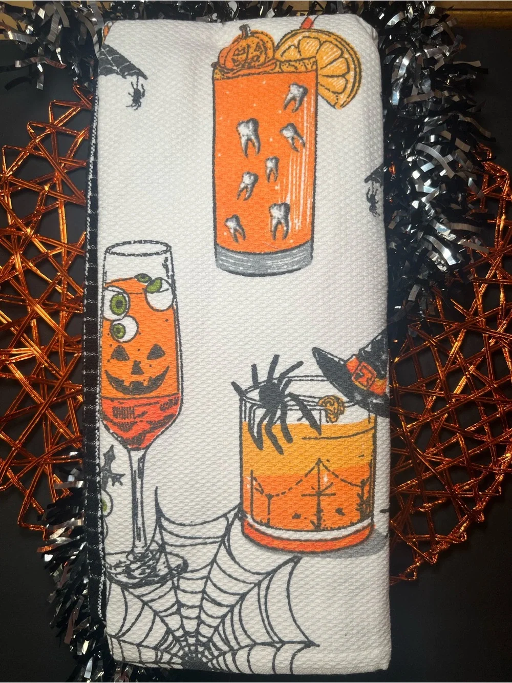 3 Spooky Halloween Cocktails Kitchen Towels Spider Webs Eyeballs Bone Martini